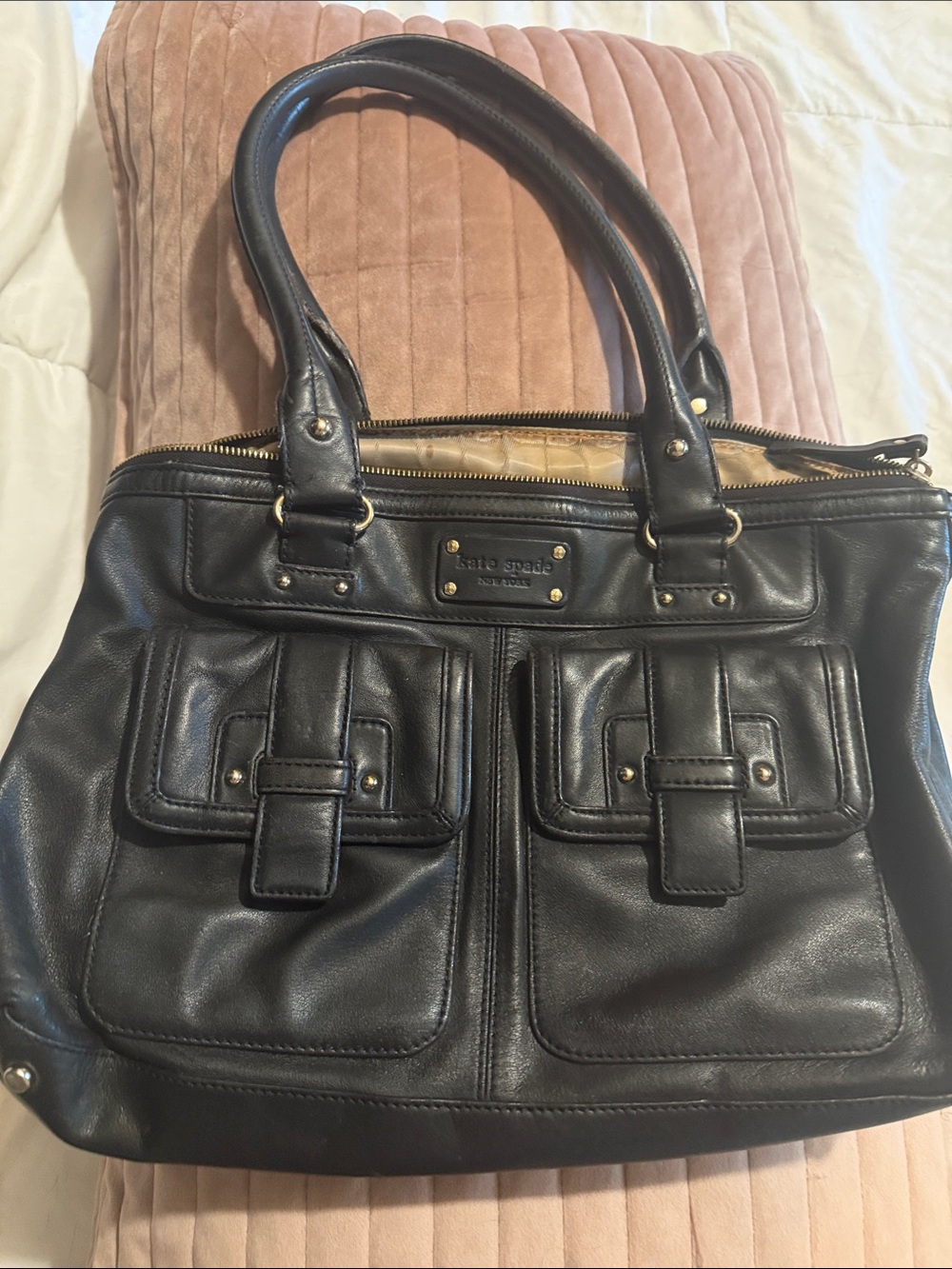 kate spade Black Leather Tote with Front Buckle Pockets